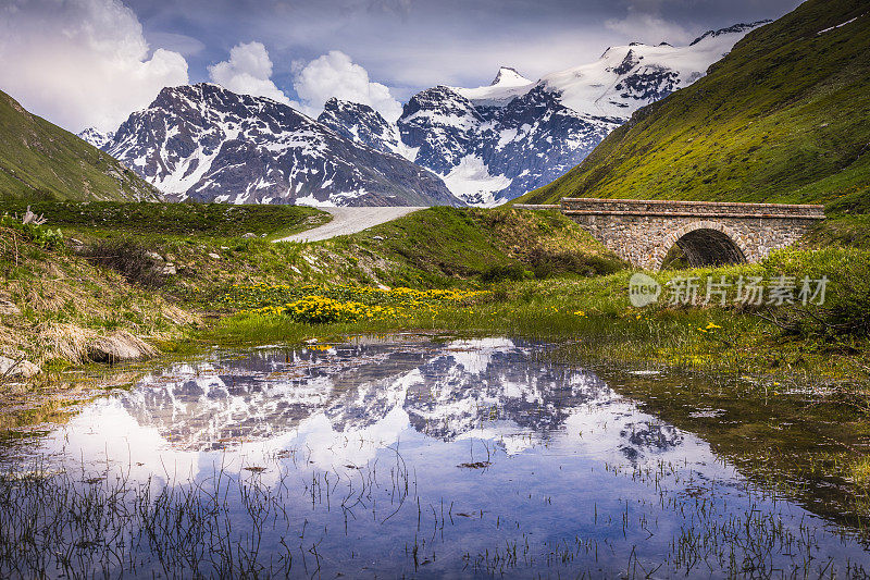 iseran Col de l'Iseran:法国瓦诺瓦兹阿尔卑斯-萨瓦伊的倒影河上的桥